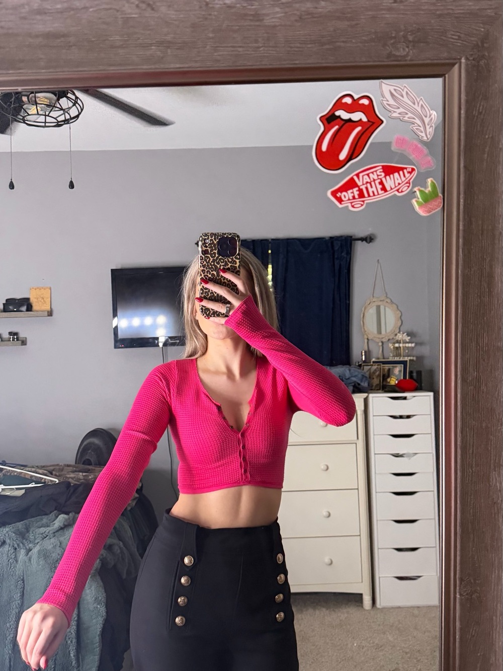 Urban Outfitters Hot Pink Cropped Henley Long Sleeve Top